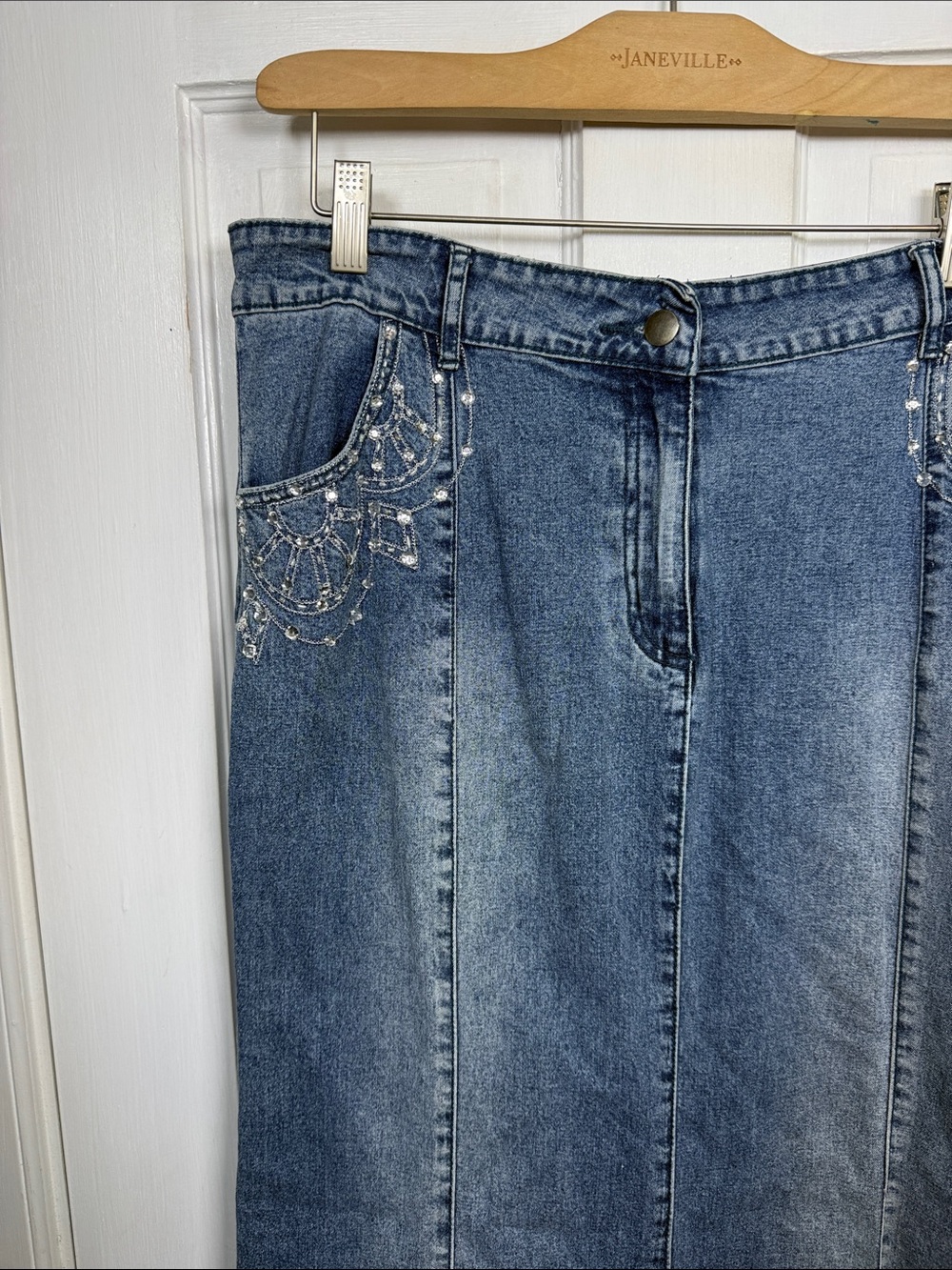 Midnight Velvet Vintage Long Denim Bedazzled  Mermaid Jean Y2K Skirt W2543 Sz L - Picture 3 of 8